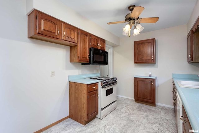 kitchen with brown cabinets, white electric stove, light countertops, a sink, and black microwave