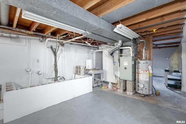 unfinished basement featuring gas water heater