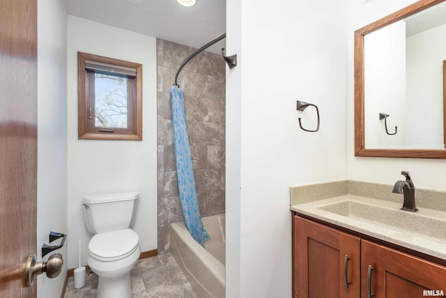 full bathroom with vanity, toilet, and shower / bathtub combination with curtain