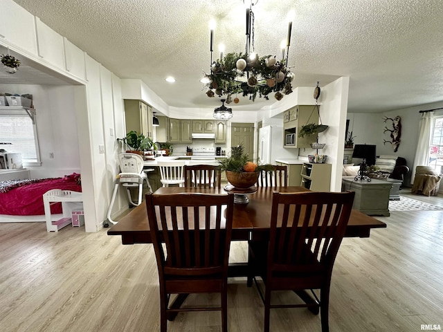 dining area with a chandelier, a textured ceiling, light hardwood / wood-style flooring, and plenty of natural light