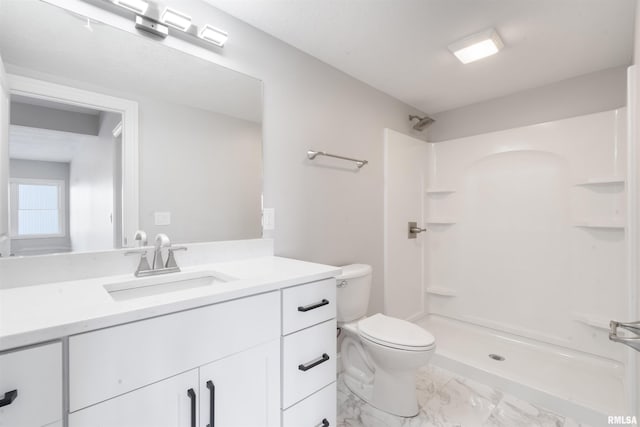 bathroom featuring a shower, vanity, and toilet