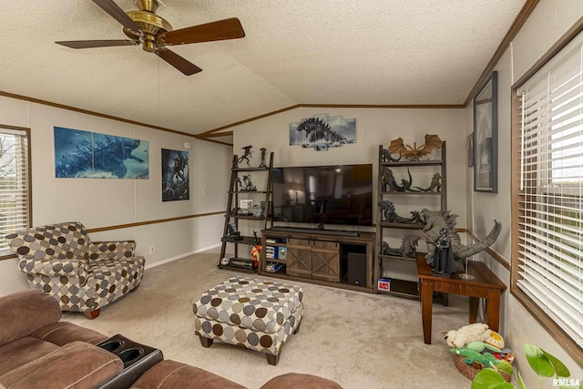 living room with a textured ceiling, plenty of natural light, and vaulted ceiling