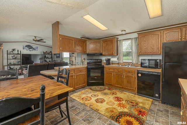 kitchen with a wealth of natural light, sink, black appliances, and vaulted ceiling