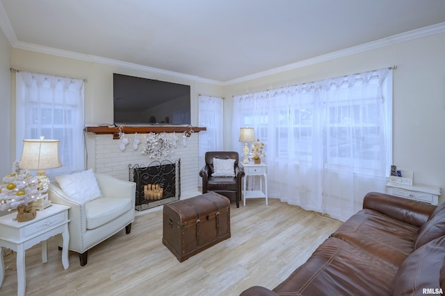 living room featuring a fireplace, light hardwood / wood-style flooring, and a wealth of natural light