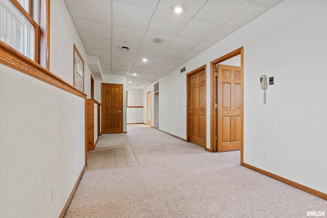 hall featuring light carpet and a drop ceiling