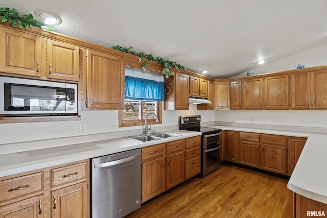 kitchen with appliances with stainless steel finishes, light hardwood / wood-style flooring, vaulted ceiling, and sink