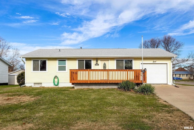 view of front of property with a garage, a deck, and a front lawn