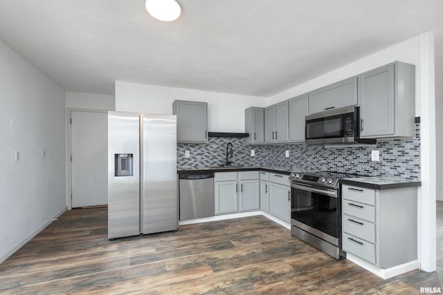 kitchen featuring sink, dark wood-type flooring, tasteful backsplash, gray cabinets, and appliances with stainless steel finishes