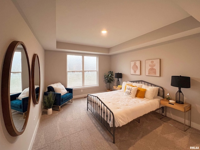 bedroom featuring carpet flooring and a tray ceiling