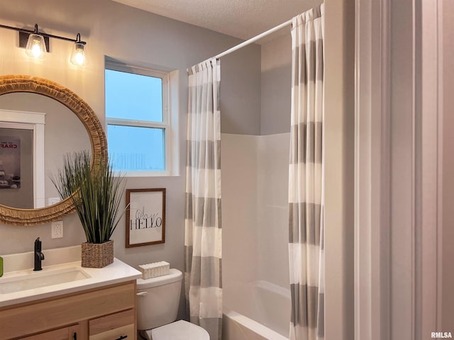 full bathroom with toilet, vanity, a textured ceiling, and shower / bath combination with curtain