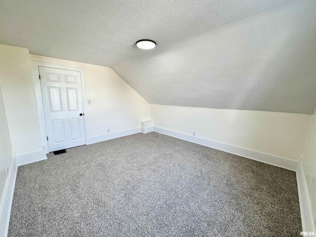 additional living space with a textured ceiling, carpet, and lofted ceiling