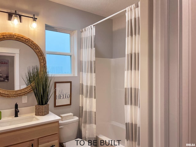 full bathroom with toilet, shower / bathtub combination with curtain, a textured ceiling, and vanity