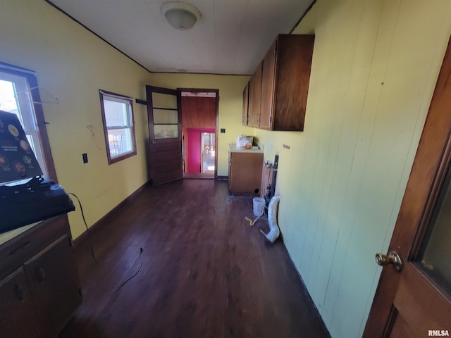 kitchen with wood walls, plenty of natural light, and dark wood-type flooring