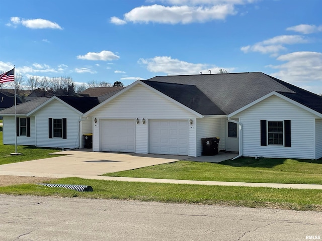 single story home featuring a garage, driveway, a front lawn, and a shingled roof