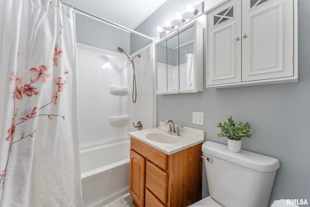 full bathroom featuring shower / bath combination with curtain, vanity, toilet, and crown molding