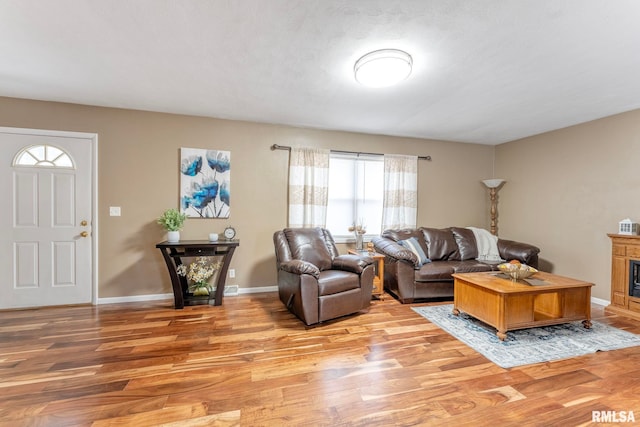 living room with a fireplace, a textured ceiling, and hardwood / wood-style flooring