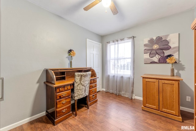 office area featuring hardwood / wood-style floors and ceiling fan