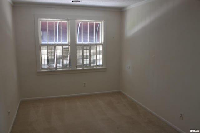 spare room featuring a textured ceiling, light colored carpet, and crown molding