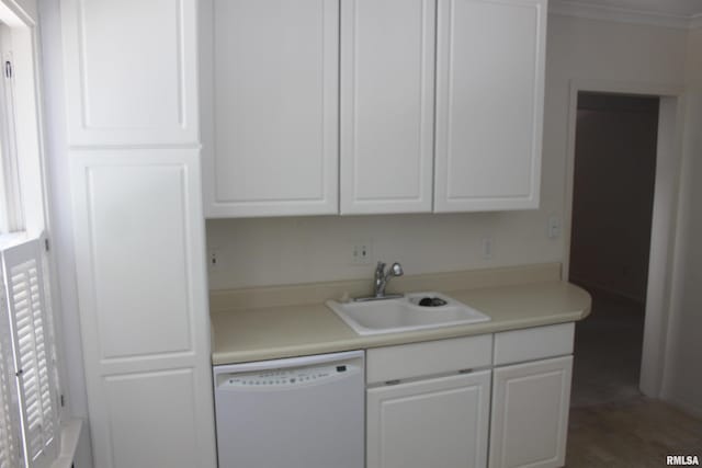 kitchen featuring crown molding, dishwasher, white cabinets, and sink