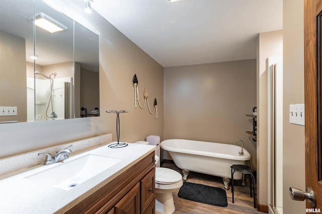 full bathroom with toilet, vanity, shower with separate bathtub, and hardwood / wood-style flooring