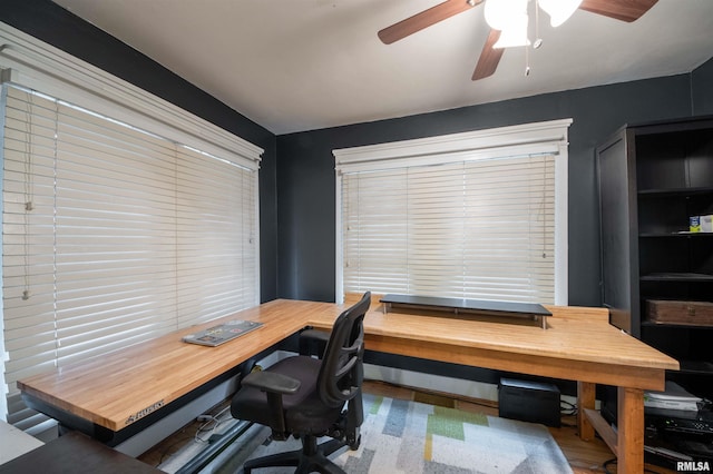 office area featuring ceiling fan and hardwood / wood-style flooring