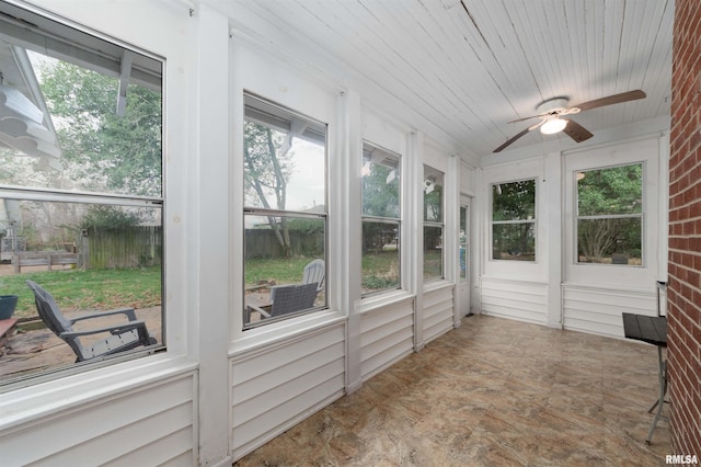 sunroom / solarium featuring ceiling fan and wood ceiling