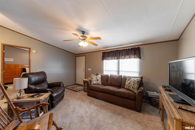 carpeted living room with ceiling fan and a textured ceiling