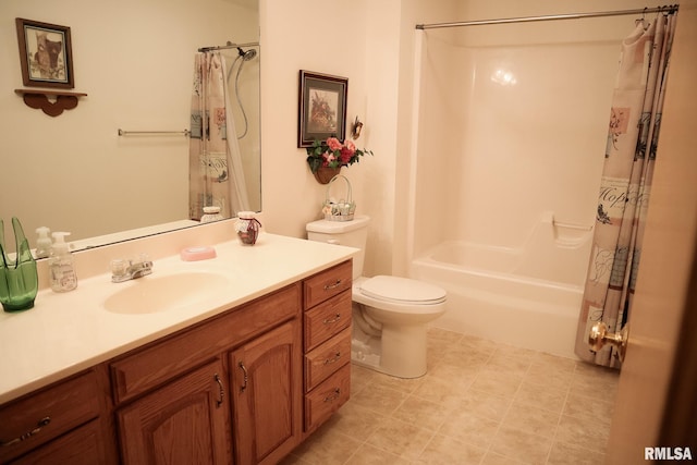 full bath featuring toilet, tile patterned floors, shower / tub combo with curtain, and vanity