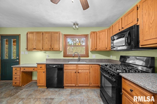 kitchen featuring ceiling fan, sink, black appliances, and light stone counters