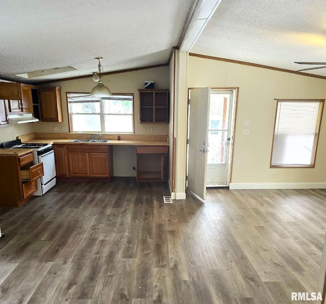 kitchen with vaulted ceiling, dark wood-type flooring, a textured ceiling, and gas range gas stove