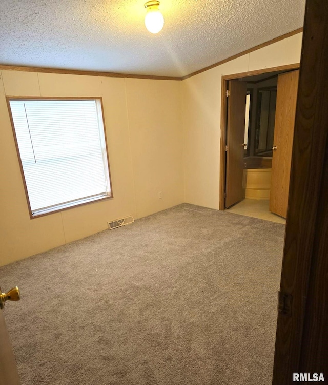 spare room with a textured ceiling, light colored carpet, and lofted ceiling