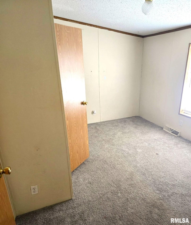 carpeted spare room featuring a textured ceiling and crown molding