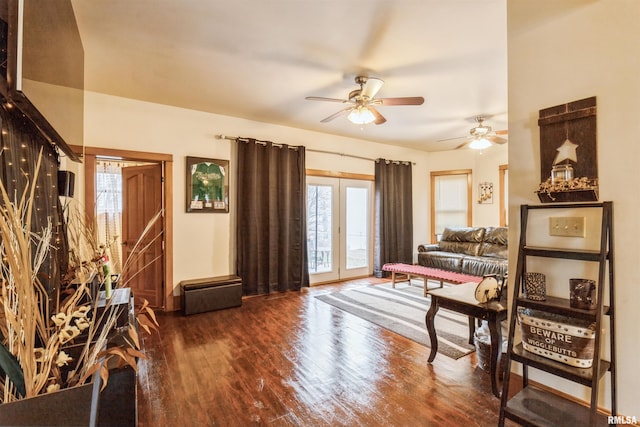 interior space with hardwood / wood-style flooring and ceiling fan