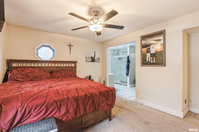 bedroom featuring ceiling fan, light carpet, and connected bathroom