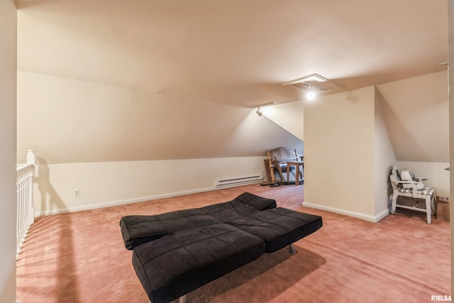 carpeted bedroom featuring lofted ceiling and a baseboard radiator