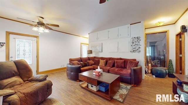 living room featuring a wealth of natural light, crown molding, ceiling fan, and light hardwood / wood-style floors