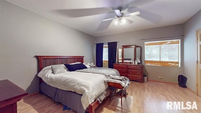 bedroom featuring ceiling fan and light hardwood / wood-style flooring