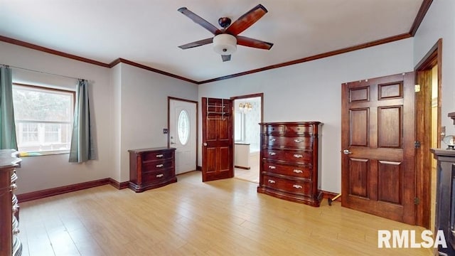 unfurnished bedroom with ceiling fan, light hardwood / wood-style floors, and ornamental molding