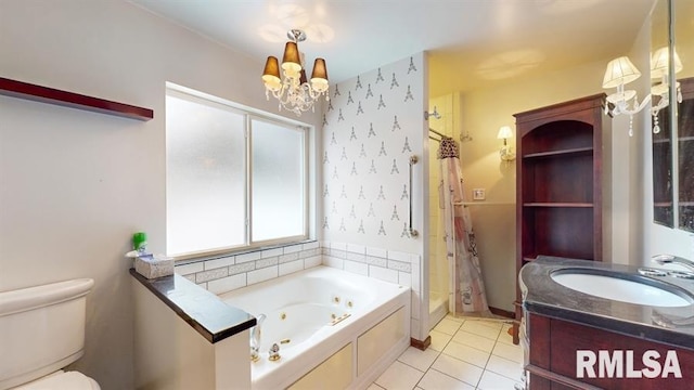 full bathroom featuring tile patterned floors, vanity, separate shower and tub, a notable chandelier, and toilet