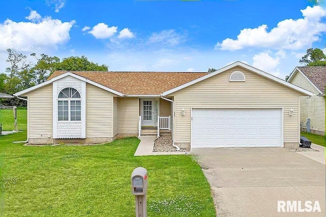 ranch-style home with a garage and a front yard