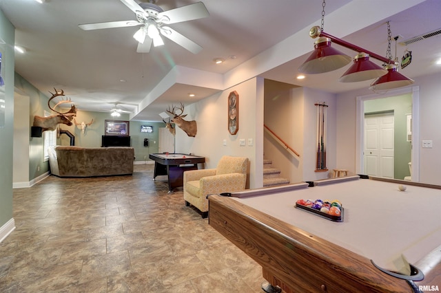 playroom featuring ceiling fan and billiards