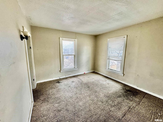 unfurnished room with carpet and a textured ceiling