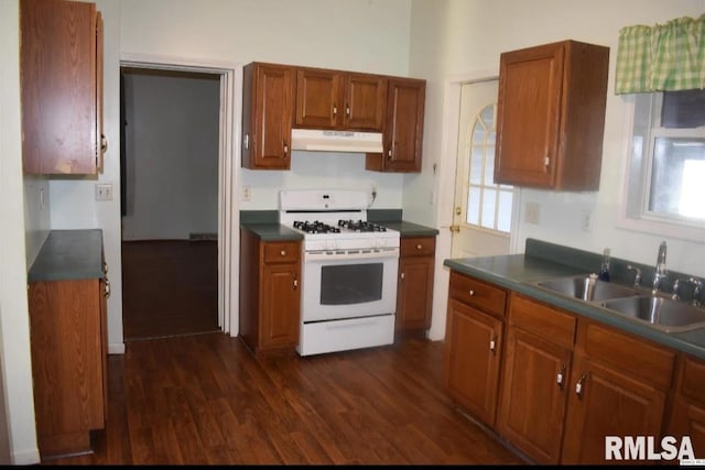 kitchen featuring dark hardwood / wood-style flooring, gas range gas stove, and sink