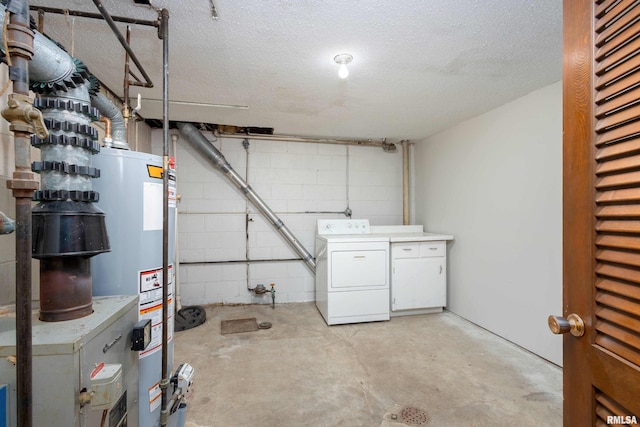 unfinished below grade area with gas water heater, a textured ceiling, washer / dryer, and concrete block wall