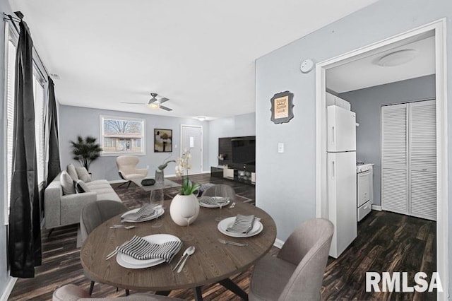 dining area with dark hardwood / wood-style floors and ceiling fan