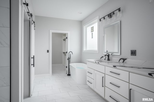 1915 E 59th Ct, Davenport, IA 52807 - full bath featuring vanity, a soaking tub, and marble look tile flooring