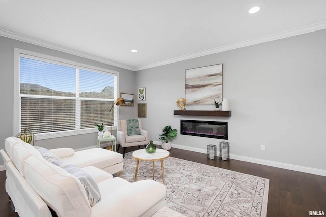 living room featuring ornamental molding and dark wood-type flooring