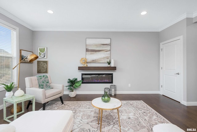 sitting room featuring dark hardwood / wood-style flooring and crown molding