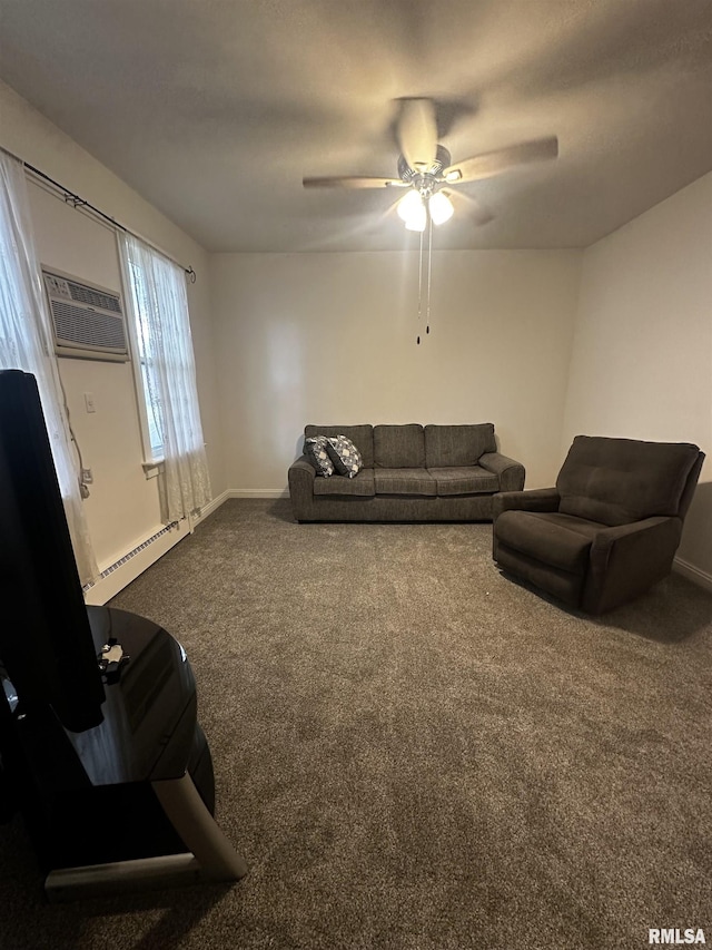 living room featuring ceiling fan, an AC wall unit, carpet floors, and baseboard heating