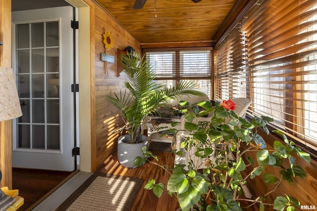 sunroom with wood ceiling